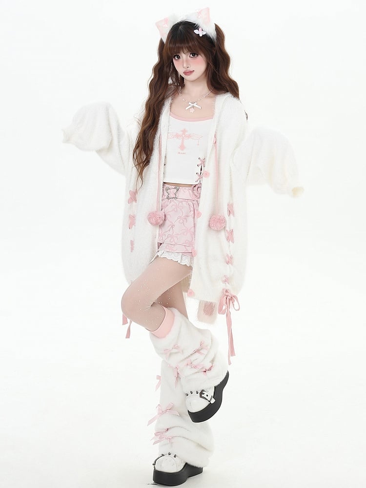 White Bunny Ears Design V-neck Hooded Loose Cardigan Lace-up Detail