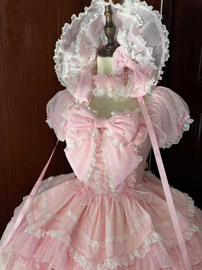 Robe Lolita rose à gros nœud et manches bouffantes style princesse