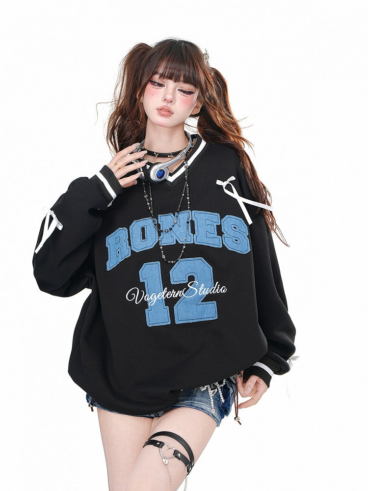 Black/White V-Neck Number Appliques Bowknots Loose Sweatshirt
