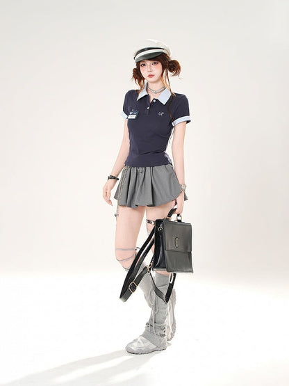 Preppy Style Rot/Marineblau Polokragen Slim-Fit T-Shirt Blau