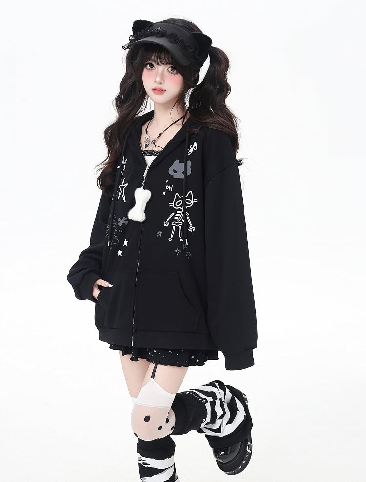 Bone Plushie Schwarz/Grau Zip-up Hoodie mit Kitty Ohren Kapuze und
