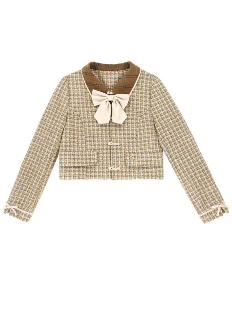 Carreaux rétro + chemisier, veste évasée + jupe fille