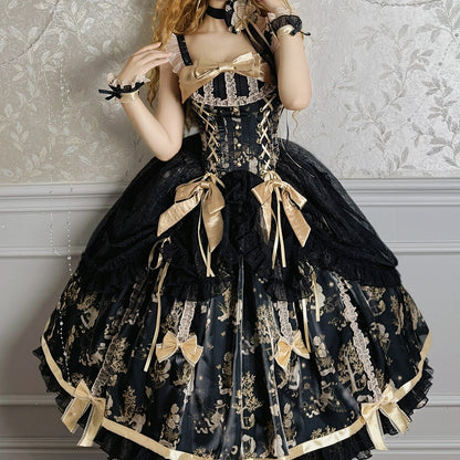 Waist Overlay Lolita and Drawstring Jumper Skirt Corset Black Gold