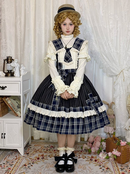 Blue Plaid and Black Striped Pattern Dress Detachable Collar and Tie Lolita Jumper Skirt
