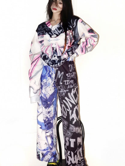 Wide-leg Pants Letter Y2K BlueBlack Print Cut