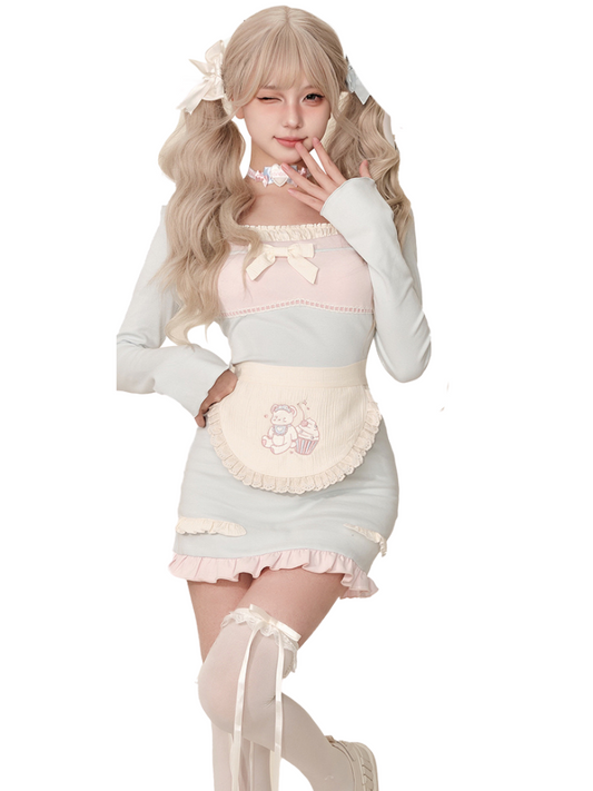 Ruffle Splice Cream Suspender Ice + Cardigan Dress