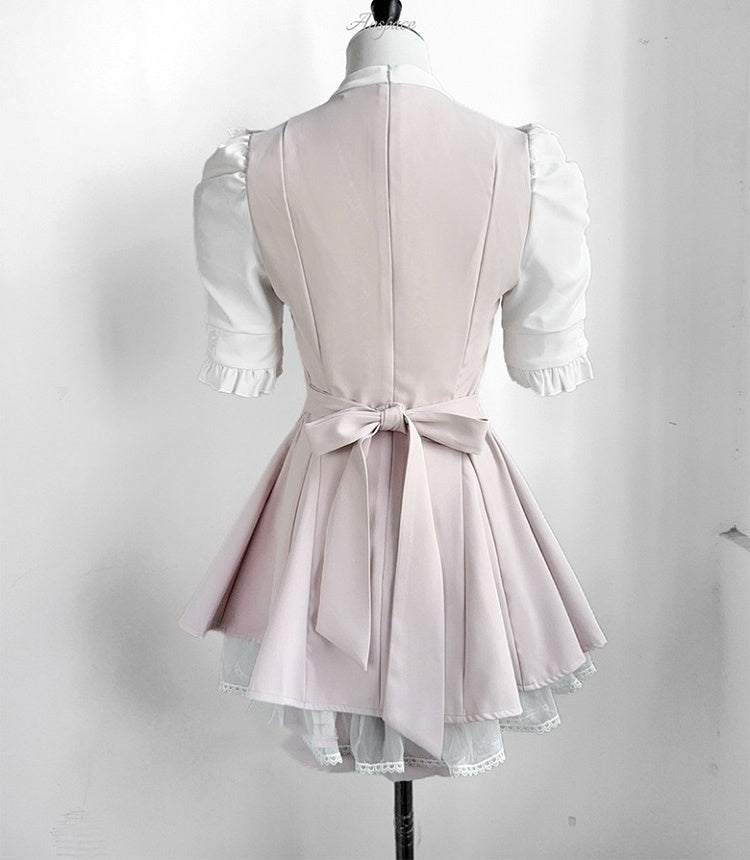Coord Jirai Bow Bib Dress Kei Short Set: Pink Tie with Sleeve