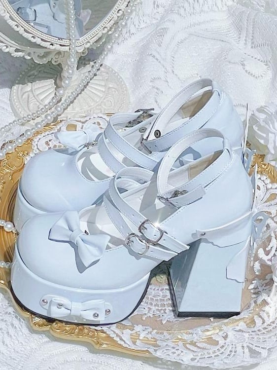 Light Blue Bowknot Stud Butterfly Platform High Block Heels Lolita Shoes