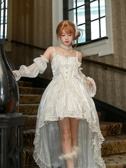 and Train White Satin Dress with Detachable Shiro Lolita Sleeves Balloon