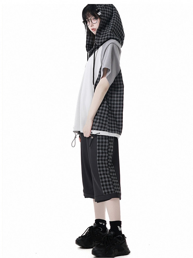 Wear Ways Zip Cuffs Techwear Two Pants/Shorts Black Plaid with Snap Belt