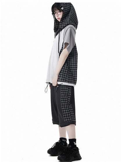Wear Ways Zip Cuffs Techwear Two Pants/Shorts Black Plaid with Snap Belt