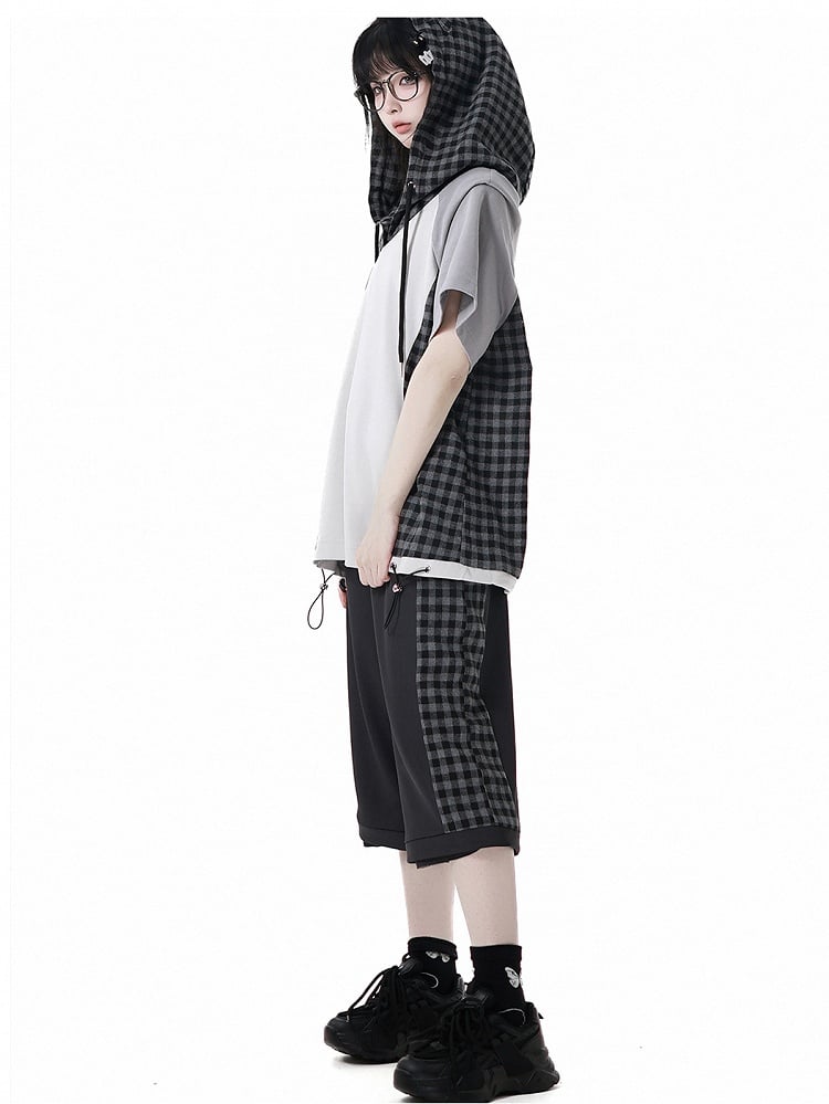 Techwear T-Shirt Plaid Patchwork Design Wolf Embroidery Wolf Ears Hood Gray