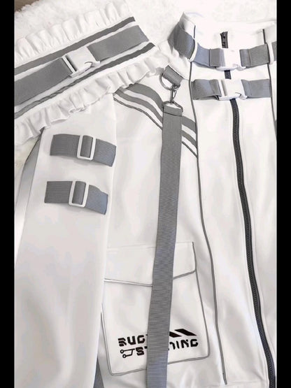 White Futuristic Cyberpunk Buckle Strap Jirai Kei Jacket