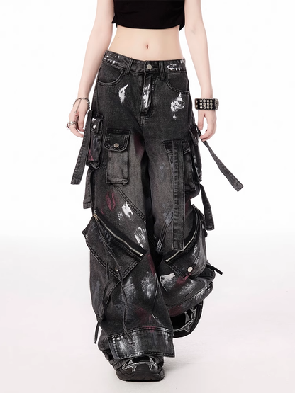 Details Jeans Zipper Spray Paint Print Waist Wide-leg Cargo Black Low