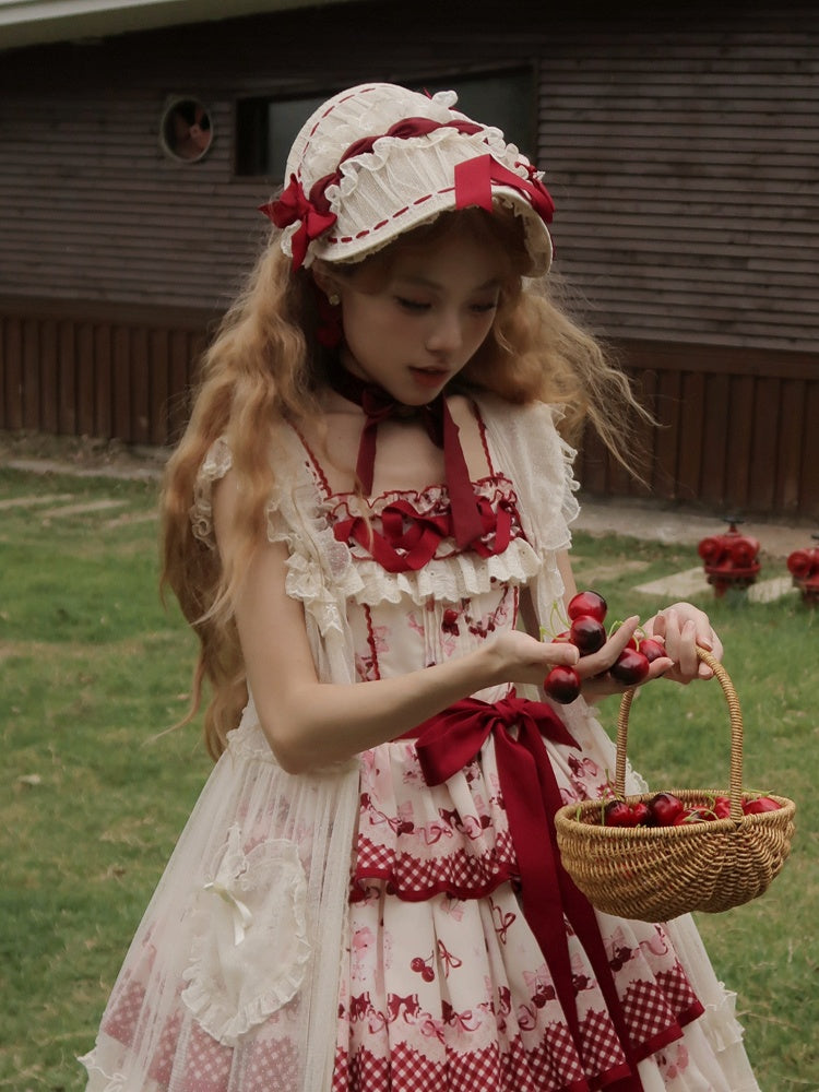 Chapeau plat décoré de fleurs beiges et rouges