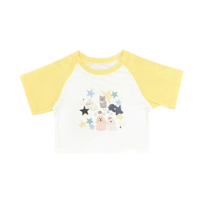 White Yellow Star and Puppy Print Cropped Top