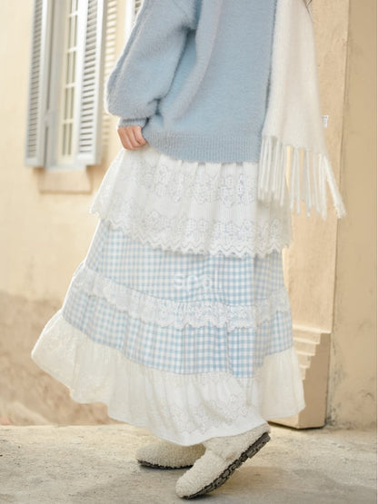 Jupe Mori Kei à carreaux en patchwork de dentelle bleue et blanche à taille haute
