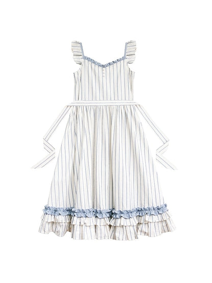 Flattergürtel mit blau gestreiften beigen Ärmeln und Kleid