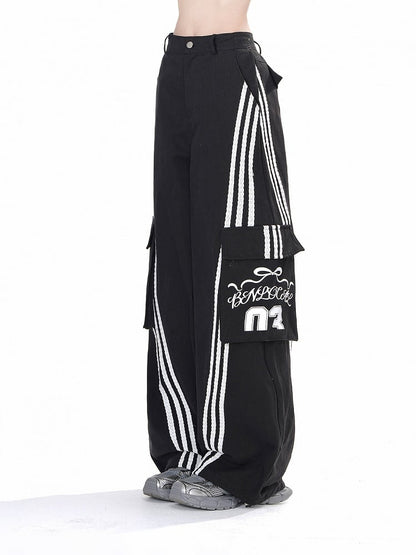 Black & White Cargo Pockets Wide-leg Loose Pants