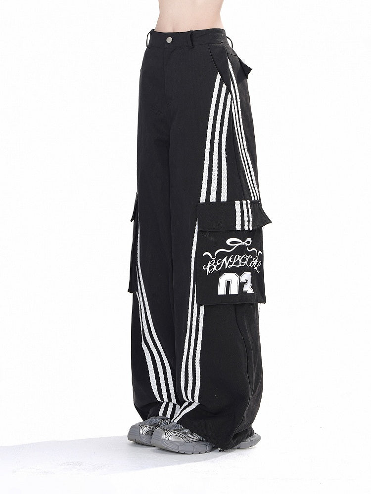 Black & White Cargo Pockets Wide-leg Loose Pants