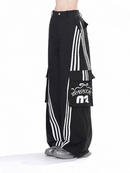 Black & White Cargo Pockets Wide-leg Loose Pants