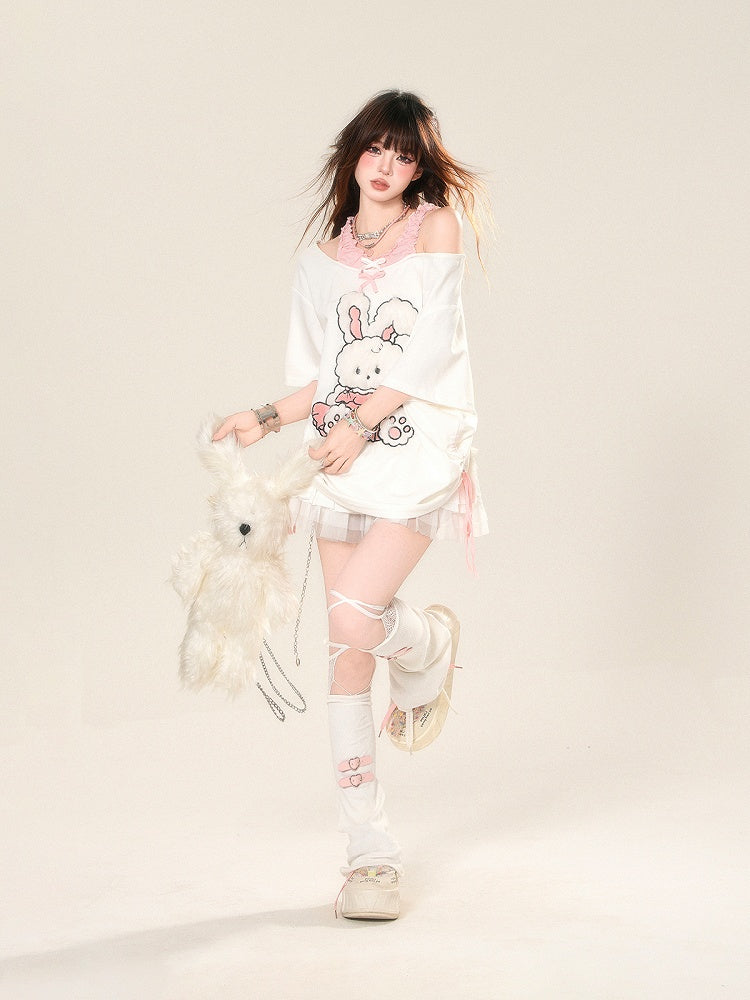 T-Shirt Pattern Adorable Cutout Shoulder Drawstring Waist Bunny White Loose