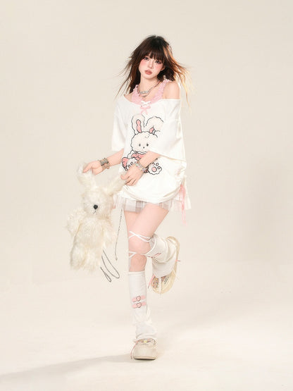 T-Shirt Pattern Adorable Cutout Shoulder Drawstring Waist Bunny White Loose