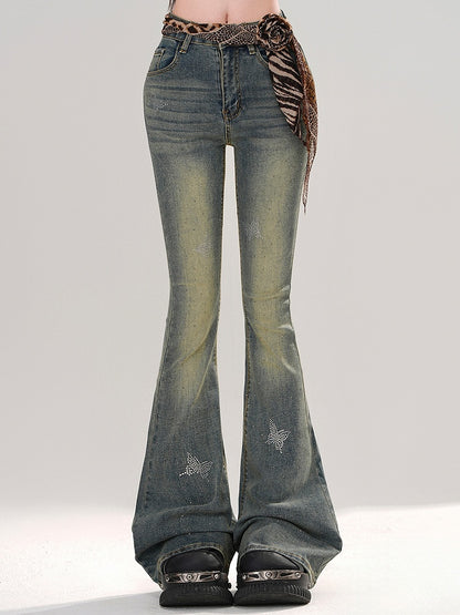 Denim Blue Rhinestone Butterflies Adorned Faded Wash Fishtail Jeans