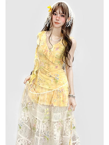 Floral Dress White Asymmetrical Yellow Beige Holiday Set- Sheer Embroidery + Skirt Hem