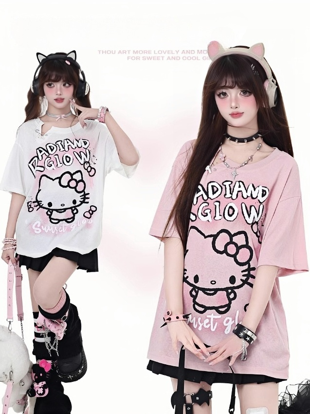 Entzückendes Kitty Graffiti Pink/Weiß Bittersüßes Detail T-Shirt Button