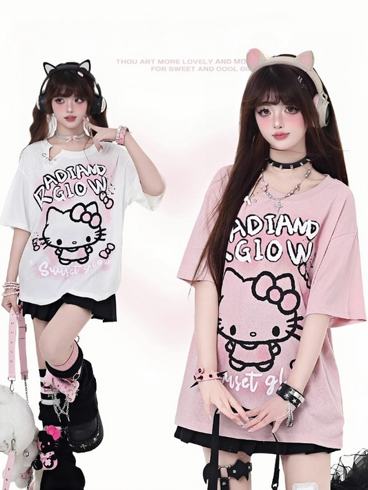 Entzückendes Kitty Graffiti Pink/Weiß Bittersüßes Detail T-Shirt Button