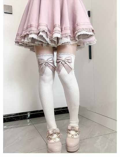 Dusty Pink Bow Detail Front Heart Rhinestone Jirai Kei Over Knee Stockings