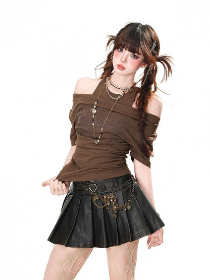 Apricot/Black/Coffee Halter Neck Cutout Shoulder Letter Glamorous T-shirt