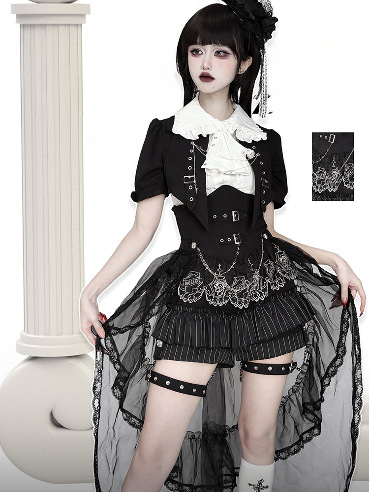 Schwarz-weißes Prince Ouji Lolita-Outfit – weißes ärmelloses Hemd + schwarzes kurzes Top + Blommer-Shorts mit hoher Taille, komplettes Set