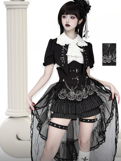 Schwarz-weißes Prince Ouji Lolita-Outfit – weißes ärmelloses Hemd + schwarzes kurzes Top + Blommer-Shorts mit hoher Taille, komplettes Set