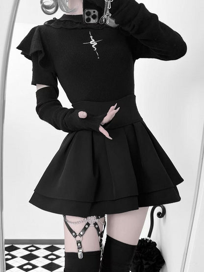 Knit Top with Snake Embroidery Mock Neck Gothic Flutter and Sleeves Black