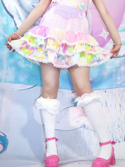 White/Blue/Purple Skirt with Lace Trim Y2K Striped Pattern Tiered A-Line