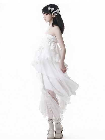 Tiered Skirt Free White Handkerchief Hem Strapless Dress Ways Wear with Bowtie Two