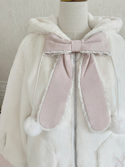 White and Pink Lolita Oversized Bunny Ears Hooded Plush Coat Leg Warmers