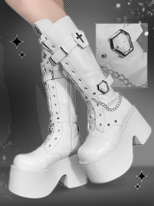 Coffin Buckle Straps Cross Decorated Gothic Lolita White Platform Boots