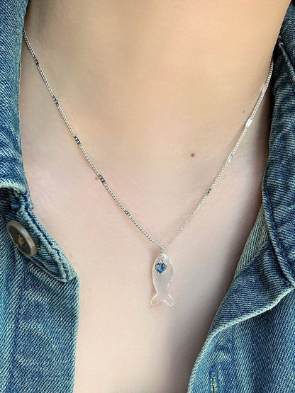 Anhänger Halskette Blau/Weiß Y2K Herz Bittersüß Strass Fisch Und