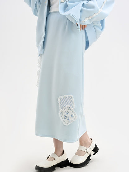 Blue Lace Bow Side Slit Floral Applique Skirt