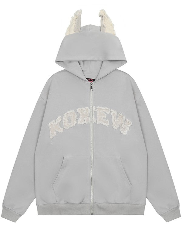 Leichter Kapuzenpullover ohne Fleece und mit Ohren-Print in Grau mit Applikation und Welpenbuchstaben