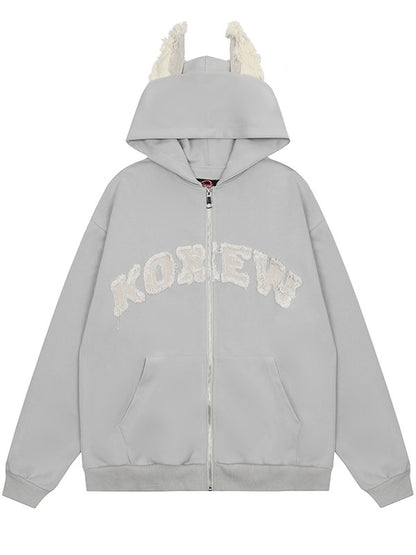 Leichter Kapuzenpullover ohne Fleece und mit Ohren-Print in Grau mit Applikation und Welpenbuchstaben