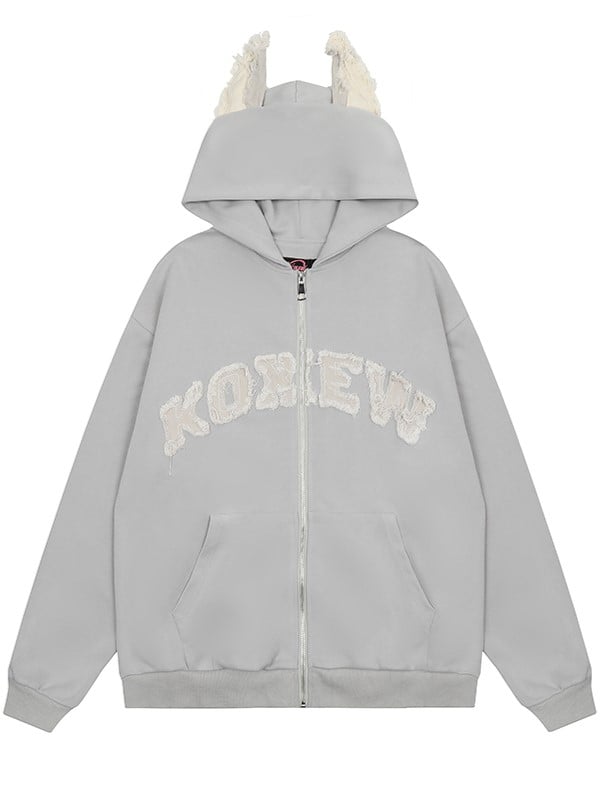 Leichter Hoodie Welpe Buchstaben Fleece und Ohren Grau Druck Applikation mit