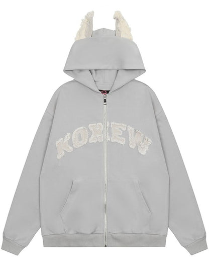 Leichter Hoodie Welpe Buchstaben Fleece und Ohren Grau Druck Applikation mit
