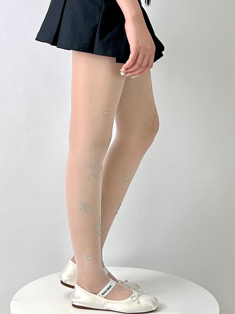 Weiße Strumpfhose im Y2K-Stil mit Strass-Stern-Dekor