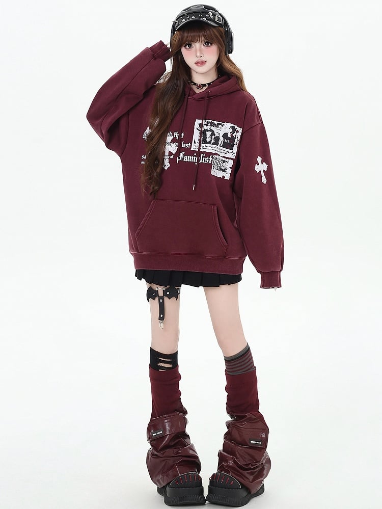 Black/Wine Red Crosses Print Graphic Hoodie