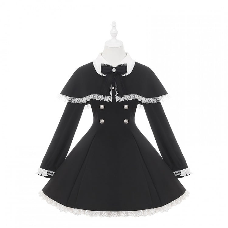 Tie Dress Kei Trim Bow Lace Winter for Free Jirai Cape White + Fall : Black