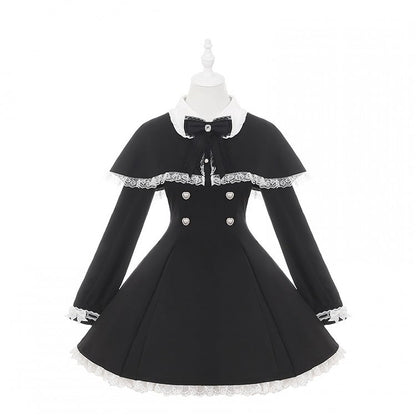 Tie Dress Kei Trim Bow Lace Winter for Free Jirai Cape White + Fall : Black
